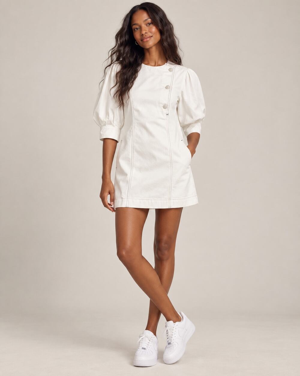 Something Navy Arielle Pearl Button White Denim Puff Sleeve Mini Dress Size 6